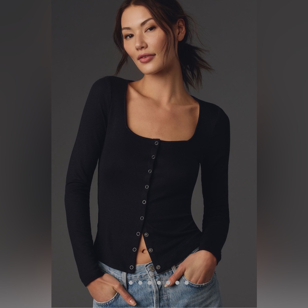 Maeve Square-Neck Black Long Sleeve Button-Front Top